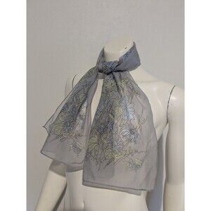 Vintage DCI Beige Nylon Chiffon Muted Gray Floral Pattern Oblong Scarf Sheer